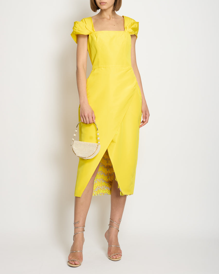 Carolina Herrera Yellow Silk Sleeveless Midi Dress with Embroidery Lining Detail Size US 10 (UK 14)