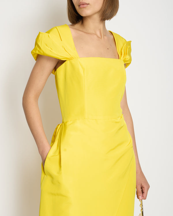 Carolina Herrera Yellow Silk Sleeveless Midi Dress with Embroidery Lining Detail Size US 10 (UK 14)