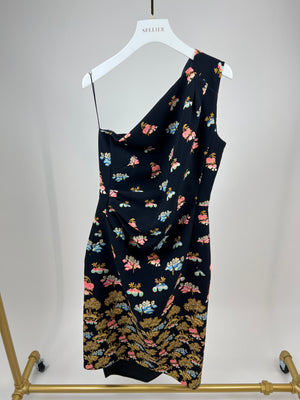 Peter Pilotto One Shoulder Navy Dress with Floral Print Detail Size IT 46 (UK 14)