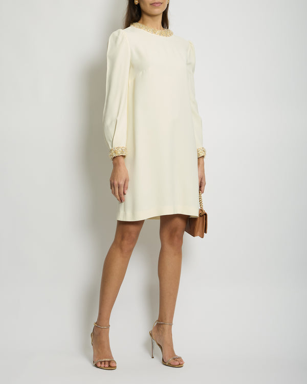 Miu Miu Cream Long-Sleeve Midi Dress with Crystal Embellishments Size IT 42 (UK 10)