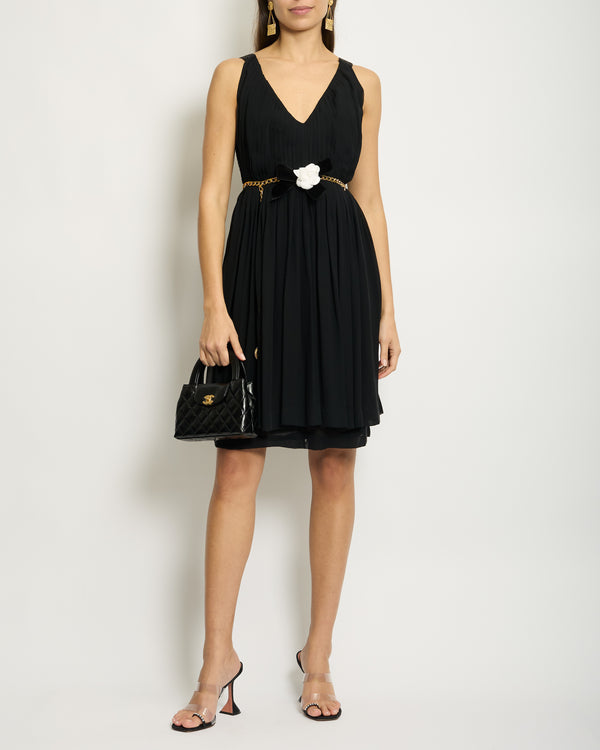 Chanel Black Silk Pleated Mini Dress with Gold Chain Belt and Flower Bow Detail FR 34 (UK 6)