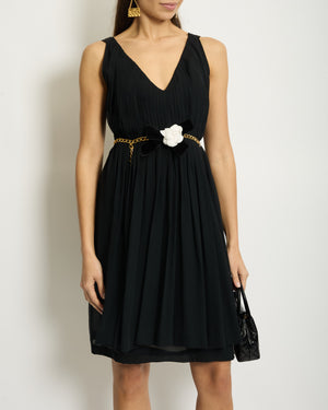 Chanel Black Silk Pleated Mini Dress with Gold Chain Belt and Flower Bow Detail FR 34 (UK 6)