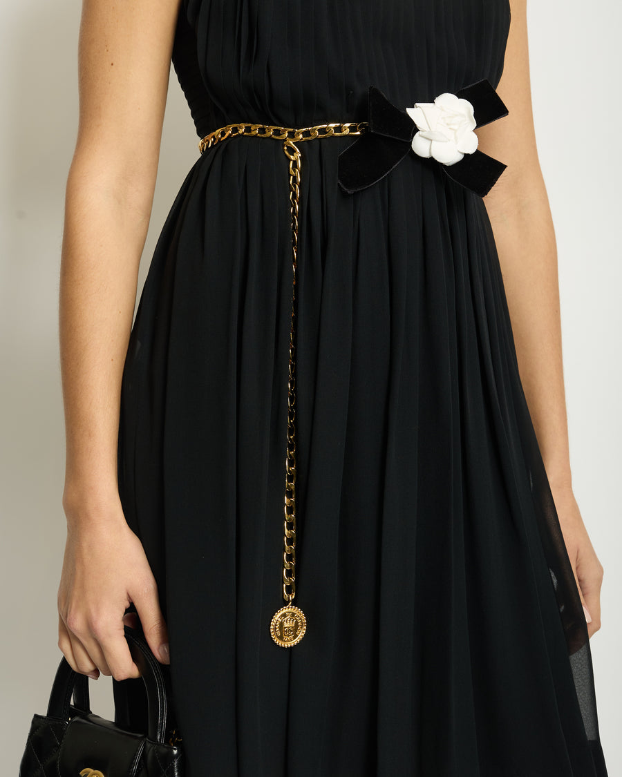 Chanel Black Silk Pleated Mini Dress with Gold Chain Belt and Flower Bow Detail FR 34 (UK 6)