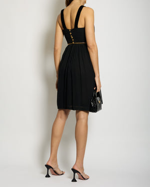 Chanel Black Silk Pleated Mini Dress with Gold Chain Belt and Flower Bow Detail FR 34 (UK 6)