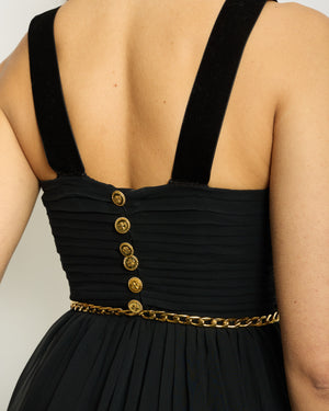 Chanel Black Silk Pleated Mini Dress with Gold Chain Belt and Flower Bow Detail FR 34 (UK 6)