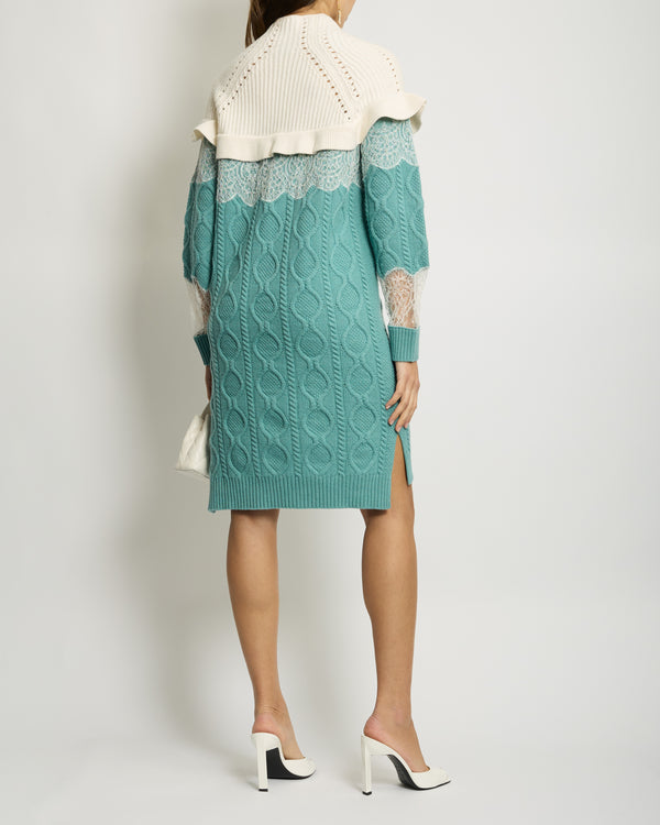 Fendi Light Blue and White Cashmere Cableknit Midi Dress with Lace Details Size IT 38 (UK 6) RRP £1,650