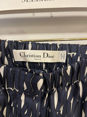 Christian Dior White and Navy Silk Top and Trousers Set with Logo Prints Size FR 38/40 (UK 10/12)