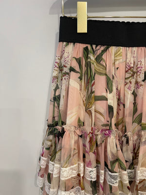 Dolce & Gabbana Pink Multicolour Floral Printed Mini Ruffle Skirt with Lace Detail Size IT 38 (UK 6)