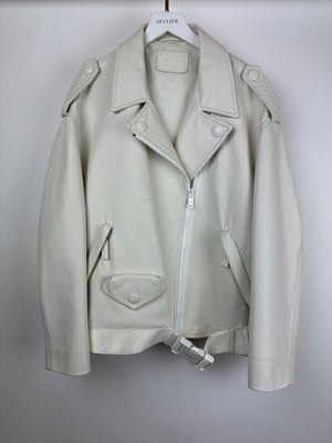 Prada Off White Leather Biker Asymmetric Jacket with Metal Logo Belt Buckle Detail Size IT 42 (UK 10)