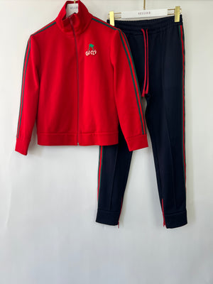 Gucci Red & Navy Blue Tracksuit with Side Stripe Trim and Cherry Embroidered Logo Detail Size XS (UK 6)