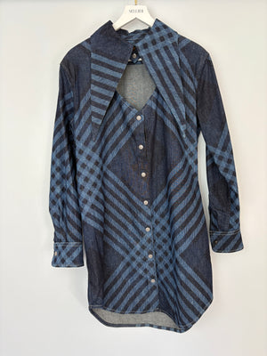 Vivienne Westwood Denim Gingham Printed Long Sleeve Shirt Dress With Exaggerated Collar Size 42 (UK 10)