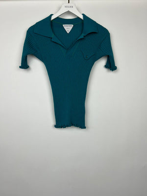 Bottega Veneta Turquoise Ribbed Wool Knit Short Sleeve T-Shirt with Pocket Detail Size Small (UK 8)