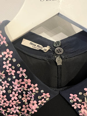 Miu Miu Black Sleeveless Mini Dress with Pink Floral Collar Detail Size IT 38 (UK 6)