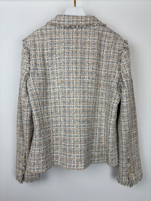 Chanel Beige Checked Tweed Jacket with Frayed Trim Edges and Daisy CC Logo Button Details Size FR 44 (UK 16)