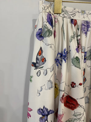 Christian Dior White Midi Skirt with Multicolour Floral Prints and Logo Size FR 40 (UK 12)