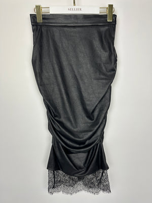 Tom Ford Black Leather Ruched Midi Skirt with Lace Hem Size IT 38 (UK 6)