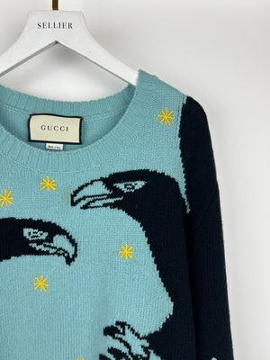 Gucci Blue Intarsia Eagle Star "LOVED" Long Sleeve Jumper Size L (EU 50)