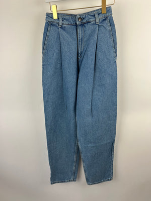 Magda Butrym Blue Denim Barrel Leg Jeans with Front Pleat Detail Size FR 34 (UK 6)