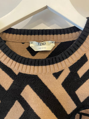 Fendi Black Beige FF Short-Sleeve Wool T-Shirt with Logo Embroidery Detail IT 42 (UK 10) RRP £1,100