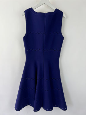 Alaïa Navy Sleeveless Knit A-Line Dress with V-Neckline and Zig-Zag Detail Size FR 42 (UK 14)