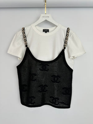 *HOT* Chanel 22C Black Sleeveless Knitted Top with Crystal CC Logo Straps and White Cotton Short Sleeve T-Shirt with Small Crystal Logo Detail Size FR S (UK 8) RRP £3160