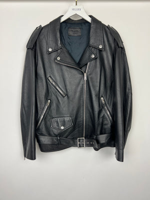 Prada Black Leather Biker Jacket Size IT 44 (UK 12)