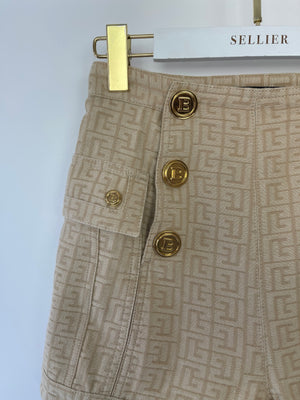 Balmain Printed Beige High Waisted Denim Shorts With Gold Logo Buttons Size FR 34 (UK 6)