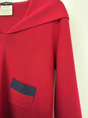 Chanel Deep Red Hooded Knit Jumper with Navy Trim and Small Patch Pocket Detail Size FR 40 (UK 12)