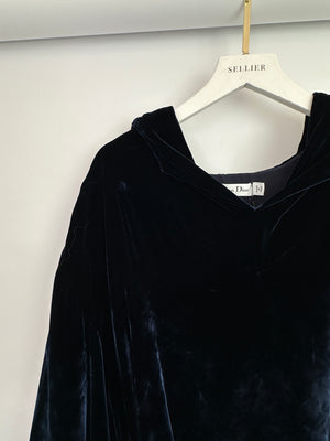 Christian Dior Navy Velvet Hooded Oversized Jumper with Tie Waist Detail Size FR 36 (UK 8)