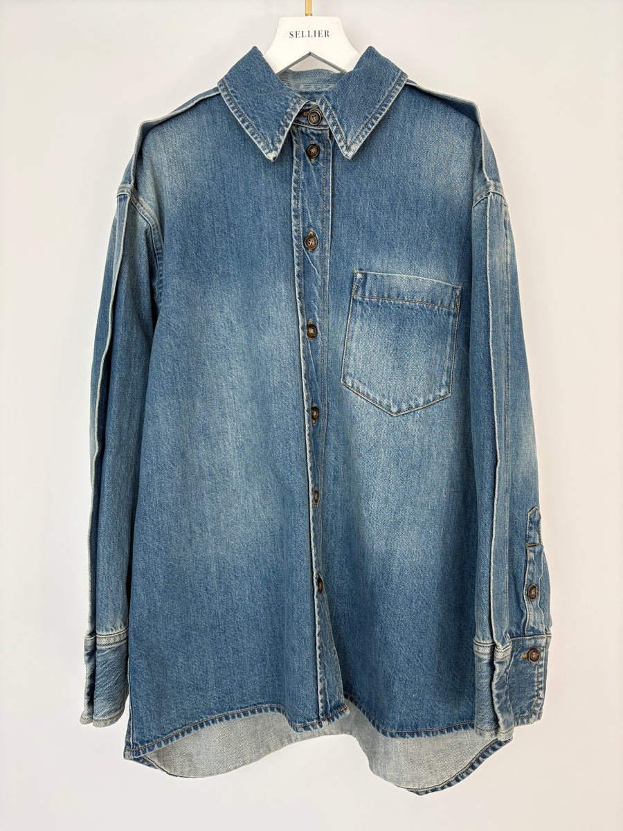 Victoria Beckham Blue Denim Long Sleeve Shirt with Pocket and Tortoise Shell Buttons Size UK 8