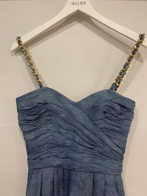 Balmain Denim Blue Silk Jumpsuit with Gold Chain-Straps and Buttons Detail Size FR 38 (UK 10)