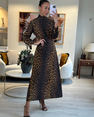 Gucci Brown High-Neck Long-Sleeve Leopard Print Brown Midi Dress Size IT 42 (UK 10)