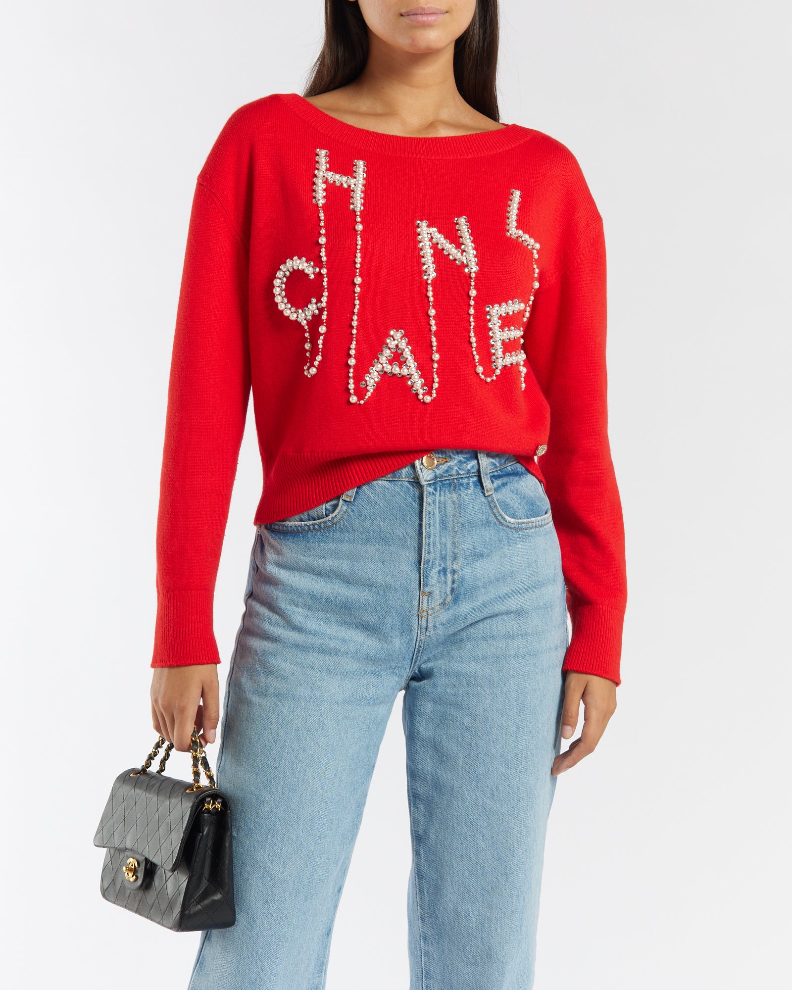 HOT Chanel Red Cashmere Jumper with Pearl Crystal Embellished Logo S Sellier