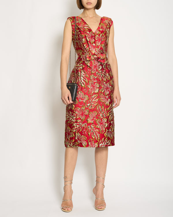 Prada Red & Gold Midi Dress with Floral & Bow Detail Size IT 40 (UK 8)