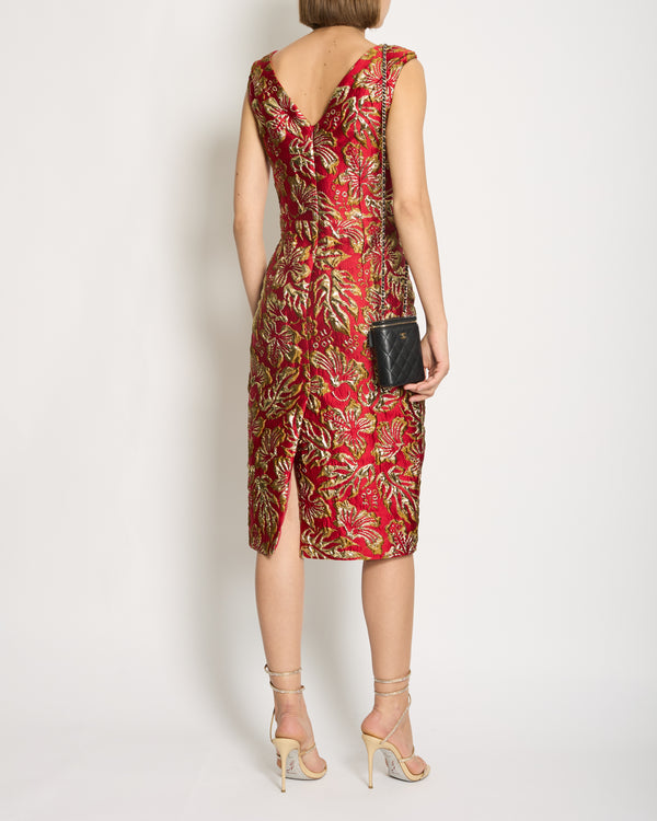 Prada Red & Gold Midi Dress with Floral & Bow Detail Size IT 40 (UK 8)