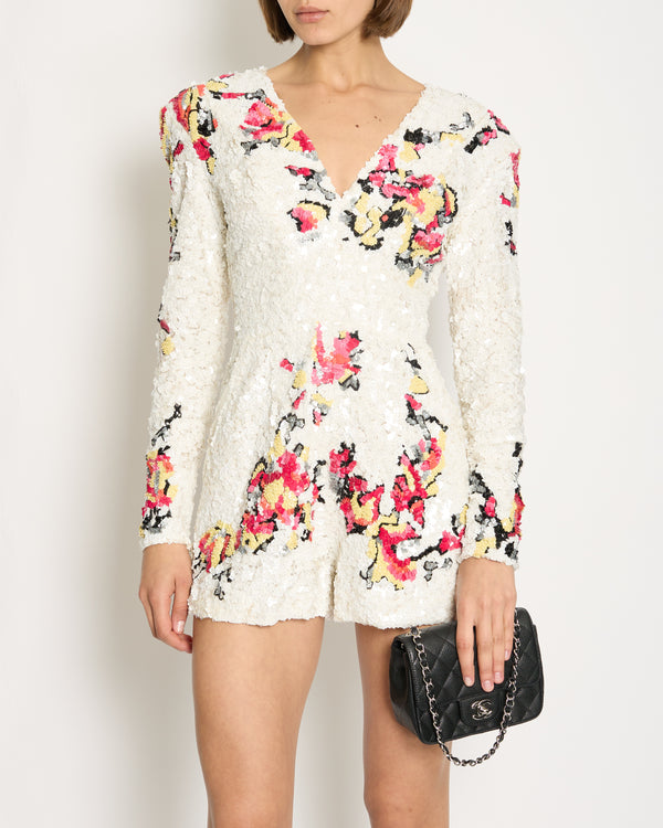 Zuhair Murad White Long-Sleeve Sequin Embellished Playsuit with Abstract Multicolour Details Size IT 42 (UK 10)