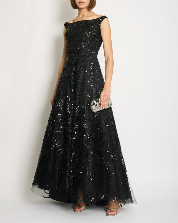 *HOT* Oscar De La Renta Black Sleeveless Maxi Gown Dress with Sequin Roses Embellishment Details Size US 4 (UK 8)