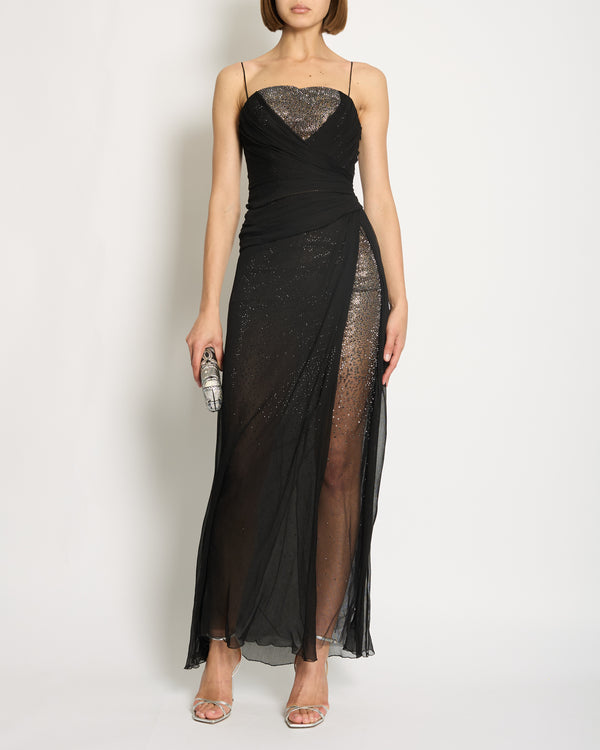 Ermanno Screvino Black Mesh Gown Dress with Crystal Detailing Size IT 36 (UK 4)