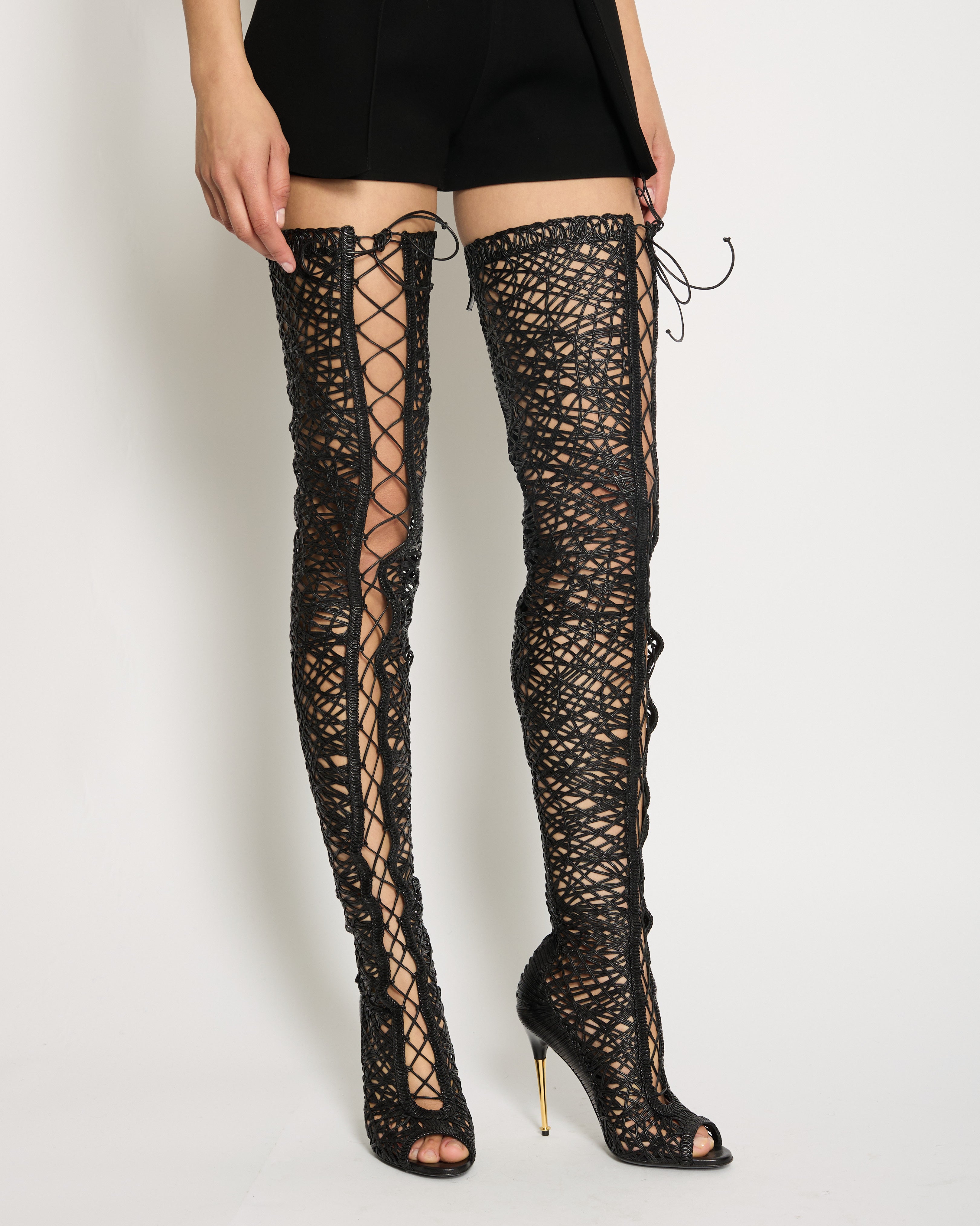 Black lace thigh high boots hotsell