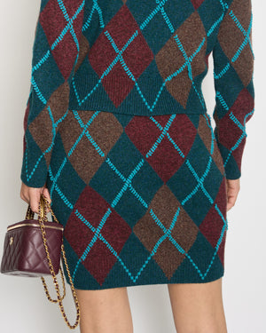 Chanel 24Y Petroleum Blue, Burgundy & Brown Two-Piece Cashmere Jumper and Skirt Set with CC Crystal Logo Detail FR 34/36 (UK 6/8)