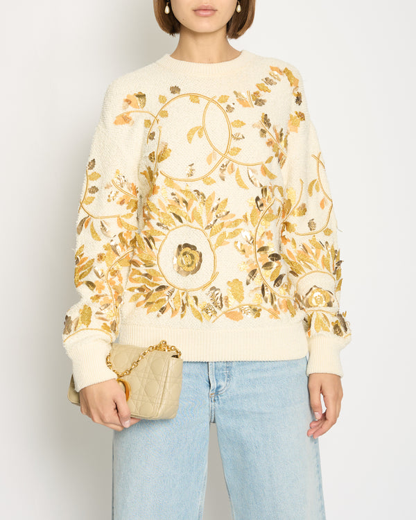 Chanel 18C Ecru & Gold Round Neck Knit Jumper with Leaves Detailing Size FR 36 (UK 8) RRP £3250