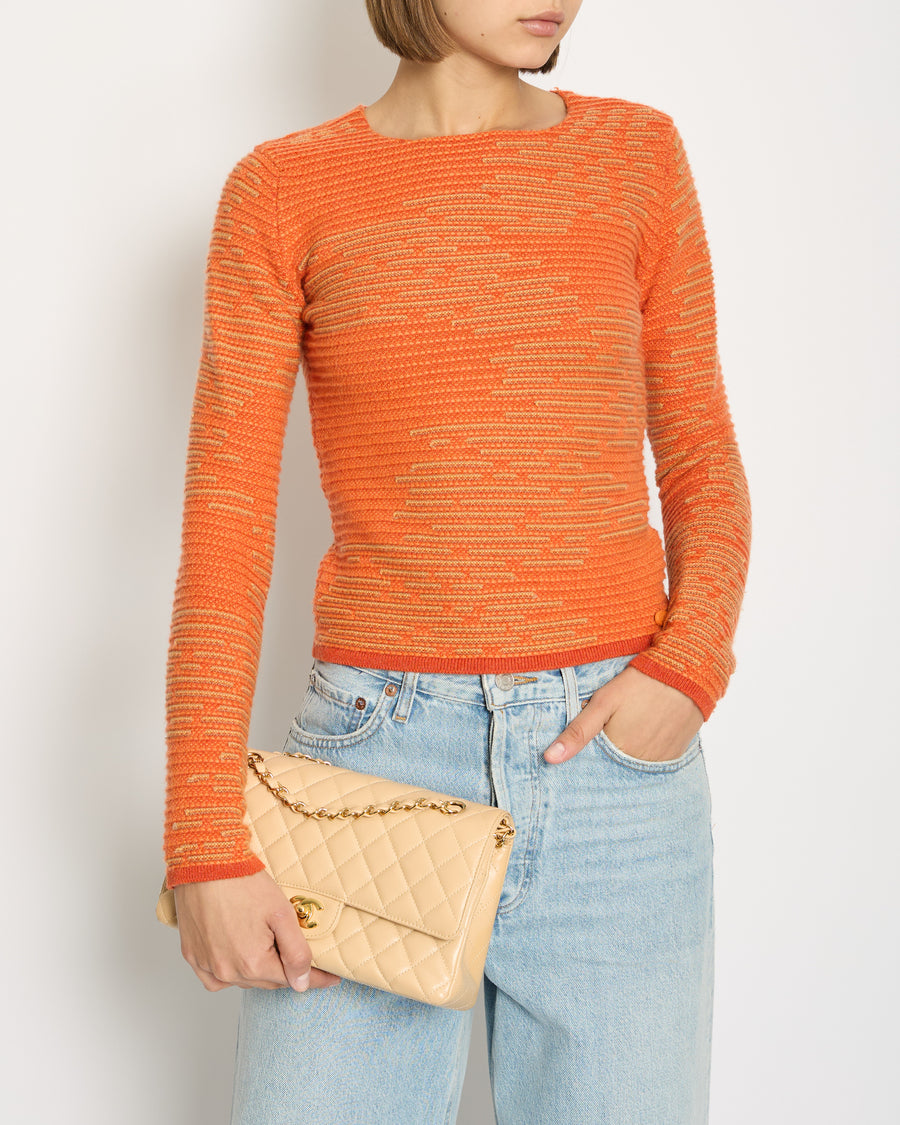 Chanel 14K Carrot Orange Cashmere Jacquard Jumper with CC Detail Size FR 34 (UK 6) RRP £1960