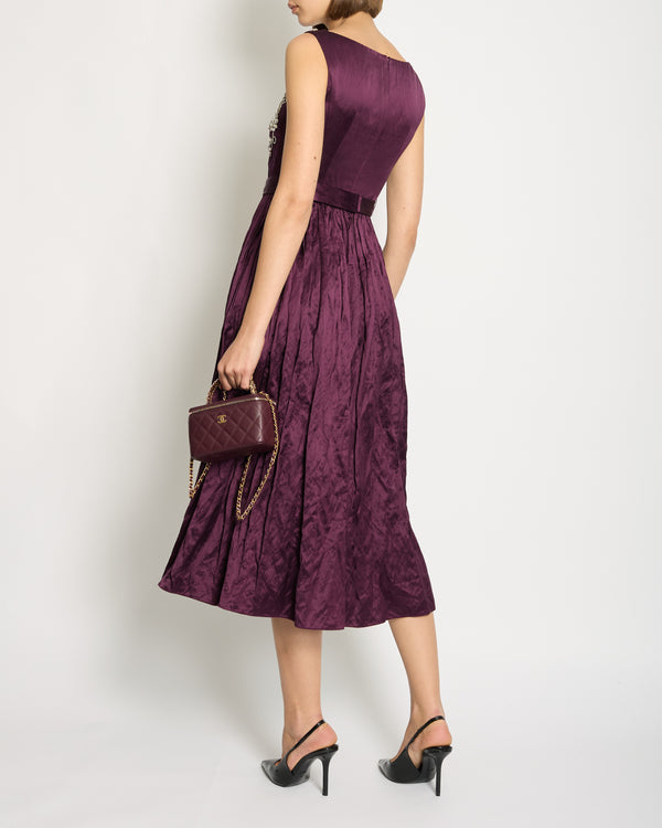 Erdem Plum Purple Sleeveless Belted Long Dress with Floral Crystal Embellishments Size UK 6