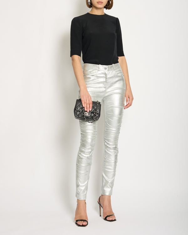 Chanel Metallic Silver Trousers in Stretch Lambskin with Rushing Details and CC Button Size FR 36 (UK 8) RRP £5690