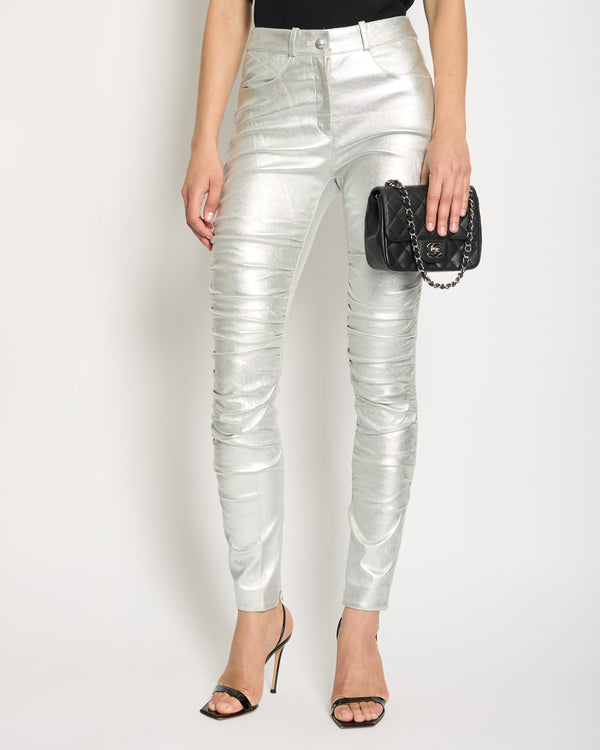 Chanel Metallic Silver Trousers in Stretch Lambskin with Rushing Details and CC Button Size FR 36 (UK 8) RRP £5690