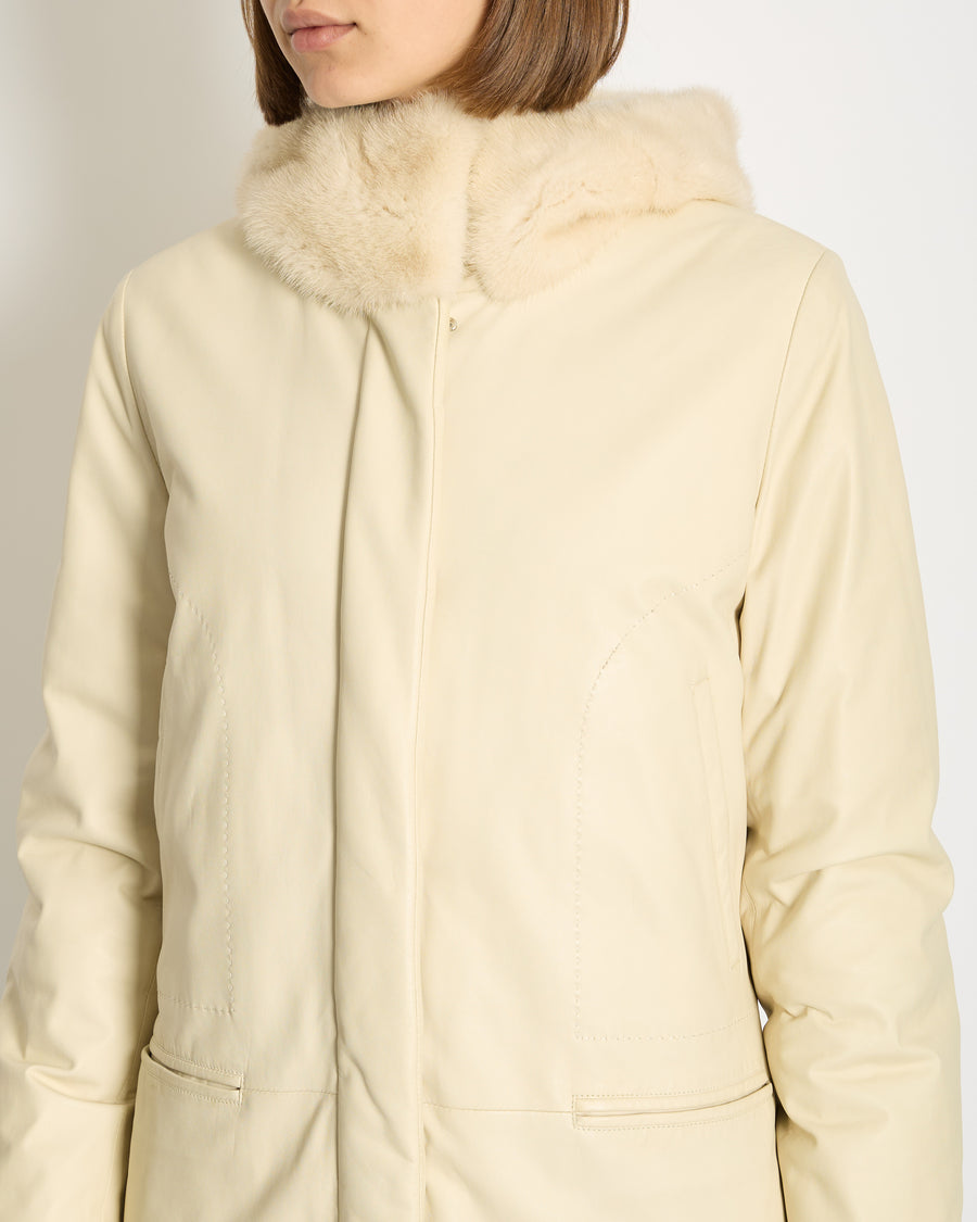 Loro Piana Cream Lambskin Leather Winter Jacket with Cashmere Interior and Mink Fur Details Size IT 44 (UK 12) RRP £9650