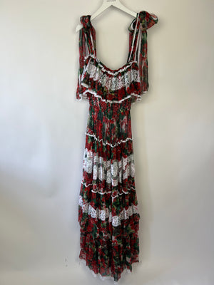 Dolce & Gabbana Red Maxi Floral Lace Tiered Dress Size IT 38 (UK 6)