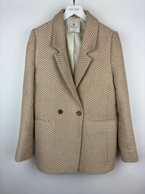 Anine Bing Beige, Off-White Fish Bone Double Breasted Blazer Size XS (UK 6)