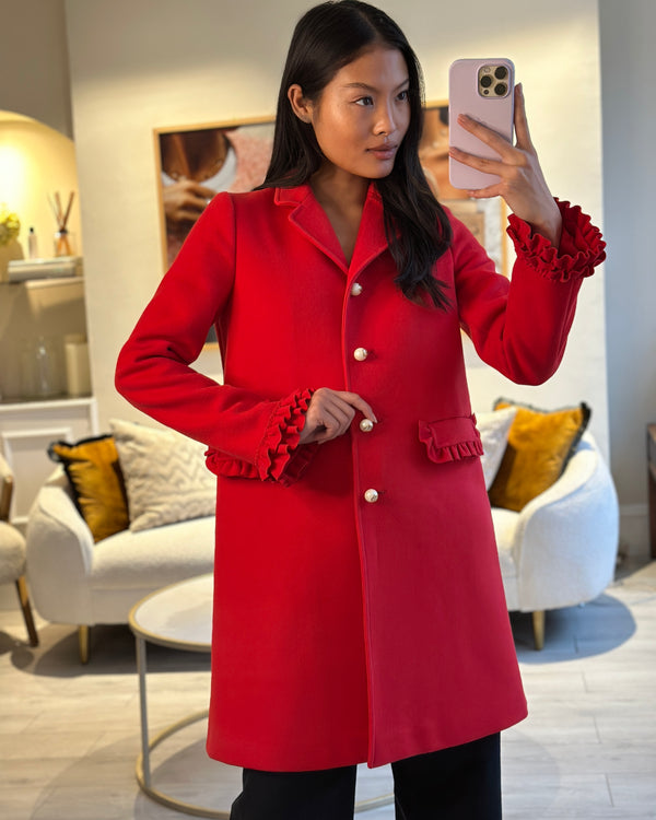 Gucci Red Wool Mid Length Coat with Frill Detail and Pearl Logo Buttons Size IT 40 (UK 8)