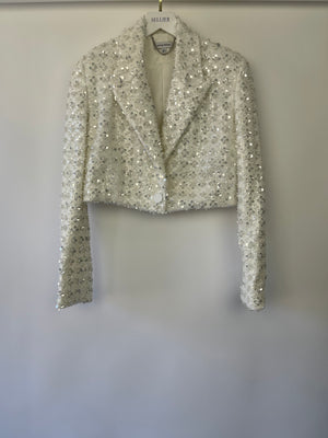 Nadine Merabi Clara White Embellished Blazer and Skirt Set with Feather Detail Size S (UK 8)